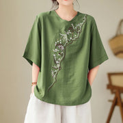 Buddha Stones Ethnic Casual Embroidered Geometry Pattern Women's Crew Neck Design Half Sleeve T-Shirt