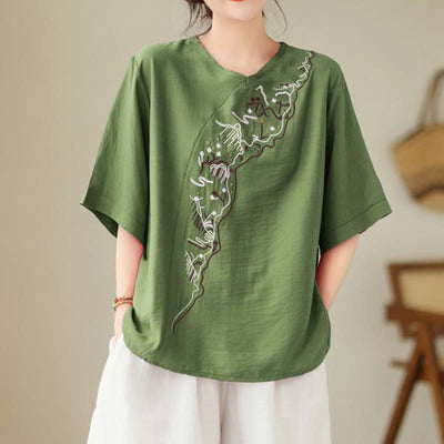 Buddha Stones Ethnic Casual Embroidered Geometry Pattern Women's Crew Neck Design Half Sleeve T-Shirt