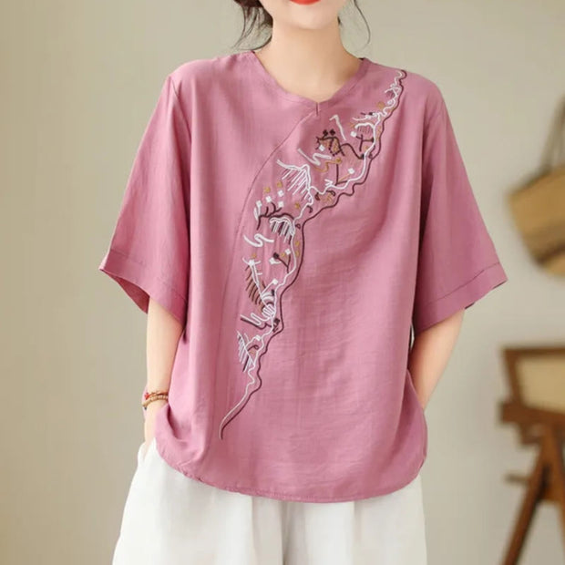 Buddha Stones Ethnic Casual Embroidered Geometry Pattern Women's Crew Neck Design Half Sleeve T-Shirt