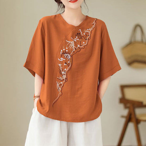 Buddha Stones Ethnic Casual Embroidered Geometry Pattern Women's Crew Neck Design Half Sleeve T-Shirt