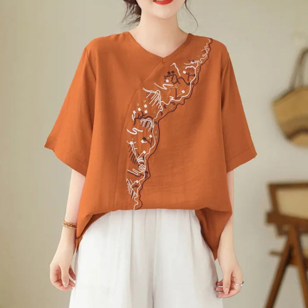 Buddha Stones Ethnic Casual Embroidered Geometry Pattern Women's Crew Neck Design Half Sleeve T-Shirt