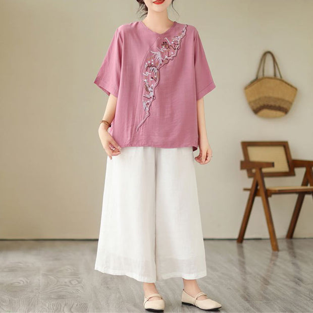 Buddha Stones Ethnic Casual Embroidered Geometry Pattern Women's Crew Neck Design Half Sleeve T-Shirt