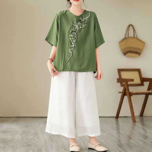 Buddha Stones Ethnic Casual Embroidered Geometry Pattern Women's Crew Neck Design Half Sleeve T-Shirt