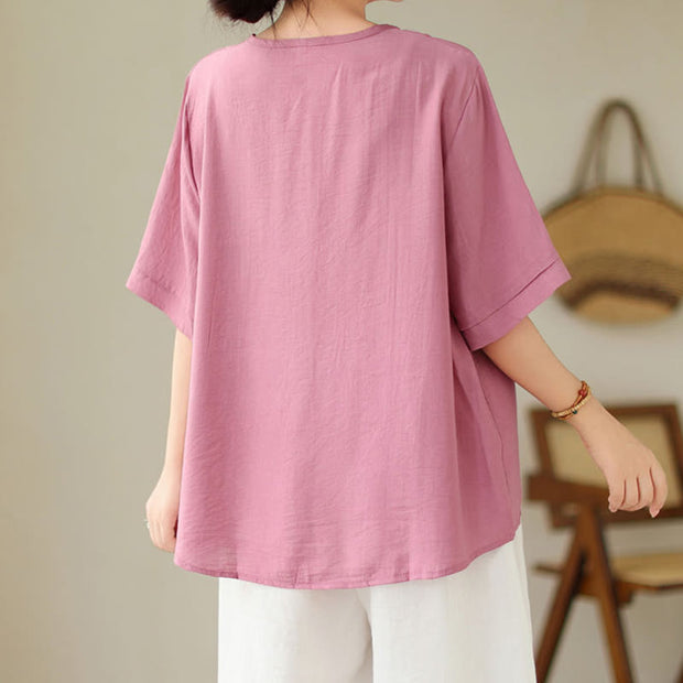Buddha Stones Ethnic Casual Embroidered Geometry Pattern Women's Crew Neck Design Half Sleeve T-Shirt