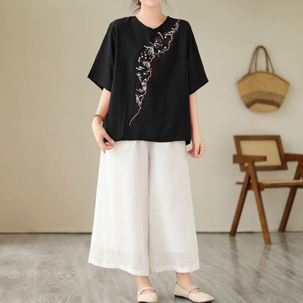 Buddha Stones Ethnic Casual Embroidered Geometry Pattern Women's Crew Neck Design Half Sleeve T-Shirt