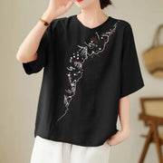 Buddha Stones Ethnic Casual Embroidered Geometry Pattern Women's Crew Neck Design Half Sleeve T-Shirt