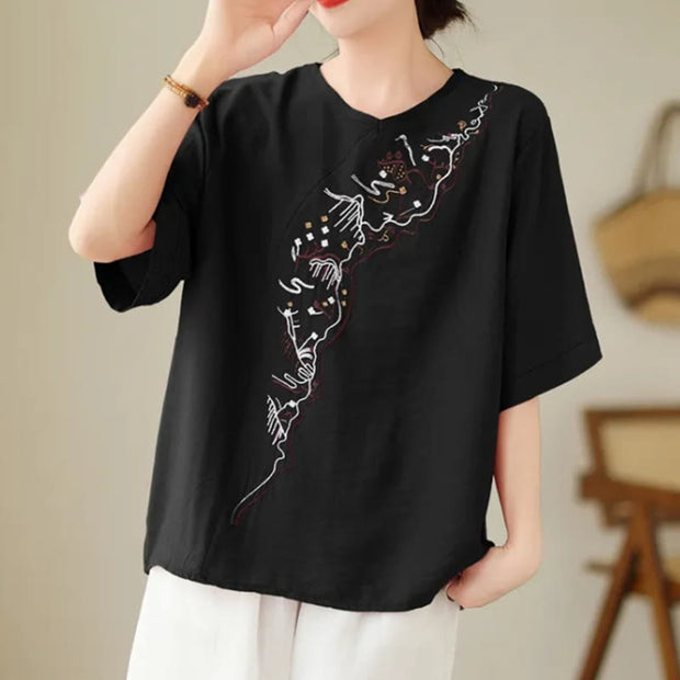 Buddha Stones Ethnic Casual Embroidered Geometry Pattern Women's Crew Neck Design Half Sleeve T-Shirt
