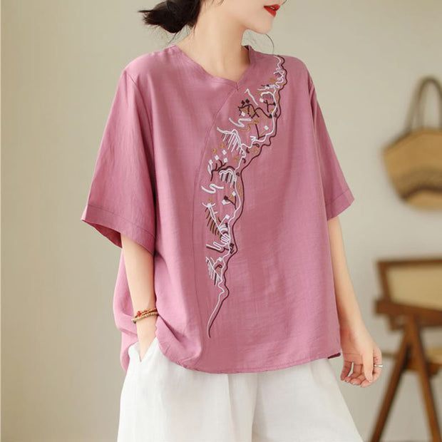 Buddha Stones Ethnic Casual Embroidered Geometry Pattern Women's Crew Neck Design Half Sleeve T-Shirt