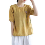 Buddha Stones Summer Vintage Embroidered Flower Pattern Women's Crew Neck Design Cotton Linen T-Shirt