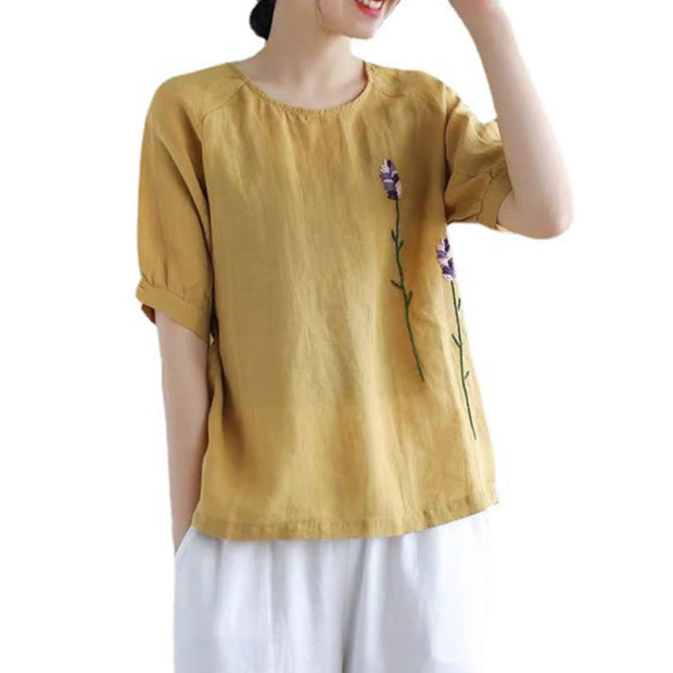 Buddha Stones Summer Vintage Embroidered Flower Pattern Women's Crew Neck Design Cotton Linen T-Shirt