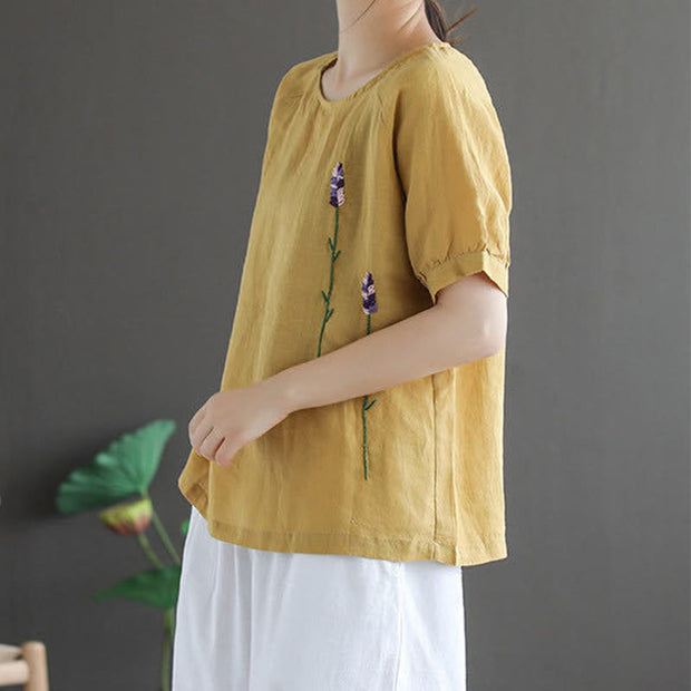 Buddha Stones Summer Vintage Embroidered Flower Pattern Women's Crew Neck Design Cotton Linen T-Shirt