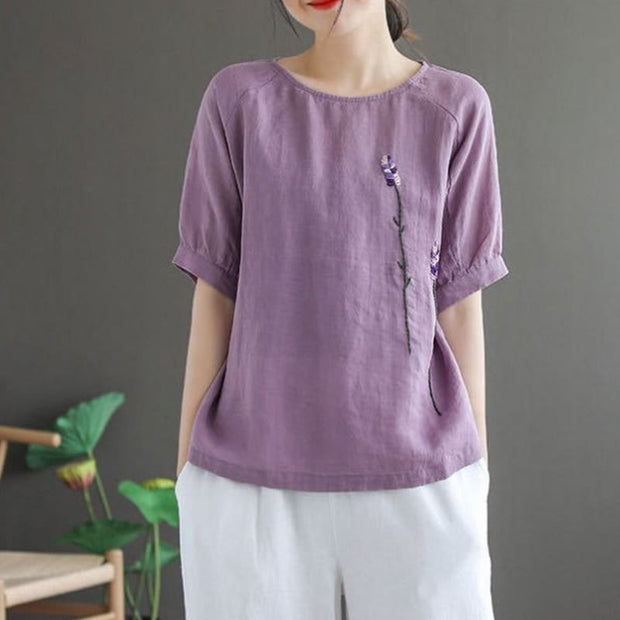 Buddha Stones Summer Vintage Embroidered Flower Pattern Women's Crew Neck Design Cotton Linen T-Shirt