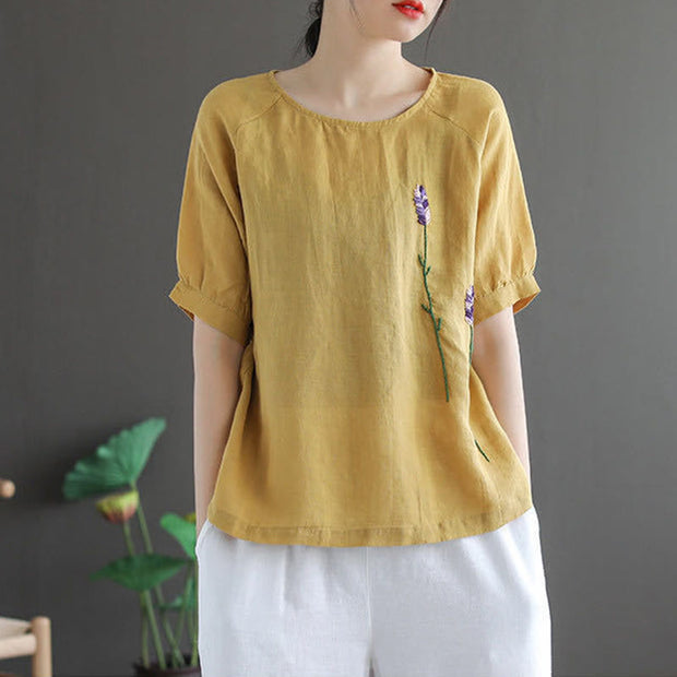 Buddha Stones Summer Vintage Embroidered Flower Pattern Women's Crew Neck Design Cotton Linen T-Shirt