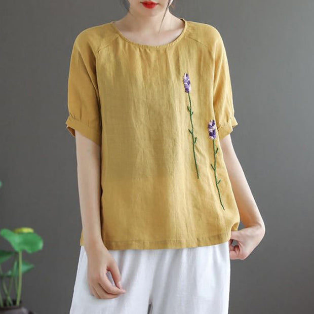 Buddha Stones Summer Vintage Embroidered Flower Pattern Women's Crew Neck Design Cotton Linen T-Shirt