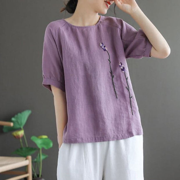 Buddha Stones Summer Vintage Embroidered Flower Pattern Women's Crew Neck Design Cotton Linen T-Shirt
