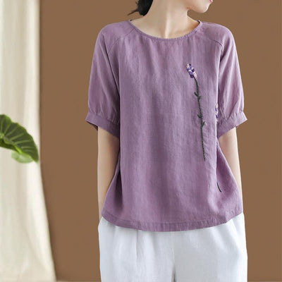 Buddha Stones Summer Vintage Embroidered Flower Pattern Women's Crew Neck Design Cotton Linen T-Shirt