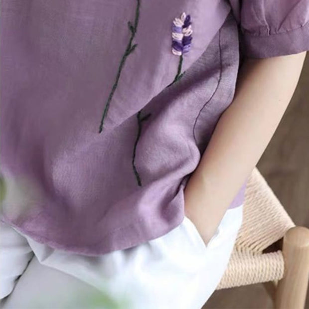 Buddha Stones Summer Vintage Embroidered Flower Pattern Women's Crew Neck Design Cotton Linen T-Shirt
