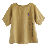 Buddha Stones Summer Vintage Embroidered Flower Pattern Women's Crew Neck Design Cotton Linen T-Shirt