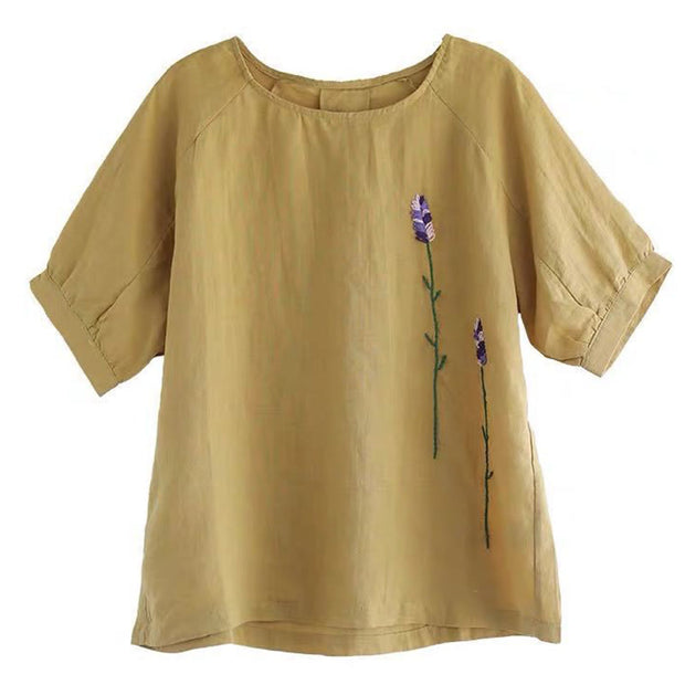 Buddha Stones Summer Vintage Embroidered Flower Pattern Women's Crew Neck Design Cotton Linen T-Shirt