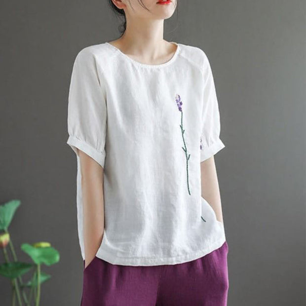 Buddha Stones Summer Vintage Embroidered Flower Pattern Women's Crew Neck Design Cotton Linen T-Shirt