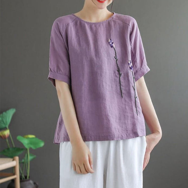 Buddha Stones Summer Vintage Embroidered Flower Pattern Women's Crew Neck Design Cotton Linen T-Shirt