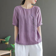Buddha Stones Summer Vintage Embroidered Flower Pattern Women's Crew Neck Design Cotton Linen T-Shirt