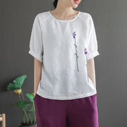 Buddha Stones Summer Vintage Embroidered Flower Pattern Women's Crew Neck Design Cotton Linen T-Shirt