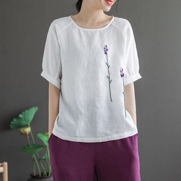 Buddha Stones Summer Vintage Embroidered Flower Pattern Women's Crew Neck Design Cotton Linen T-Shirt