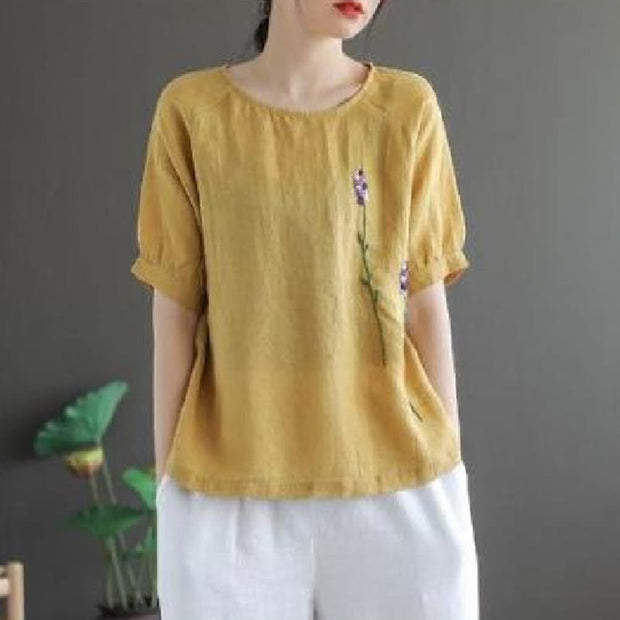 Buddha Stones Summer Vintage Embroidered Flower Pattern Women's Crew Neck Design Cotton Linen T-Shirt