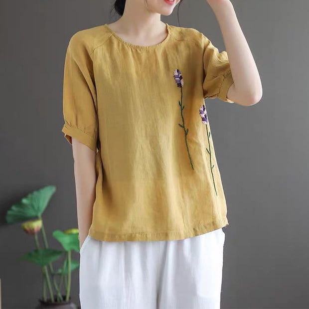 Buddha Stones Summer Vintage Embroidered Flower Pattern Women's Crew Neck Design Cotton Linen T-Shirt