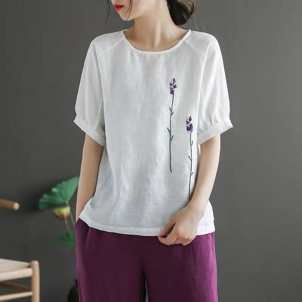 Buddha Stones Summer Vintage Embroidered Flower Pattern Women's Crew Neck Design Cotton Linen T-Shirt