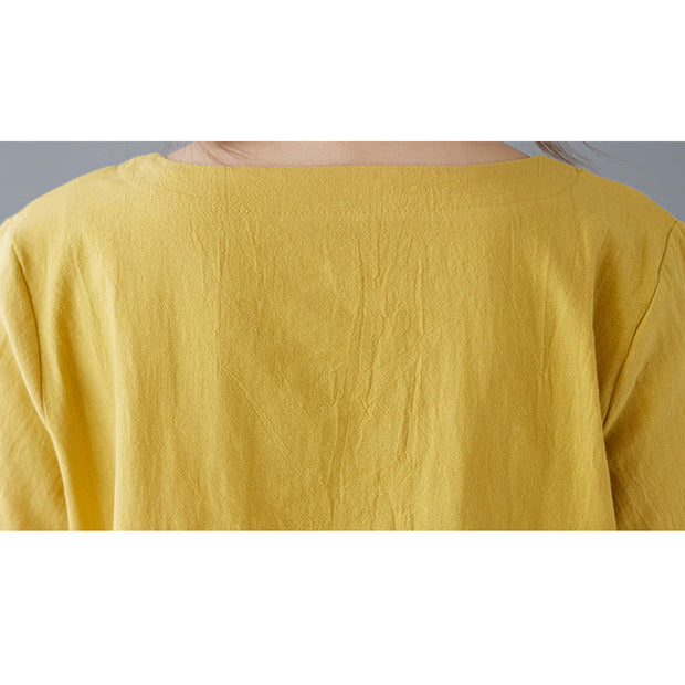 Buddha Stones Summer Plain Button Side Slit Design Women's Cotton Linen Crew Neck T-Shirt Wtih Pocket