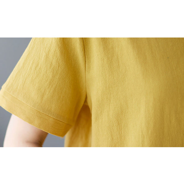 Buddha Stones Summer Plain Button Side Slit Design Women's Cotton Linen Crew Neck T-Shirt Wtih Pocket