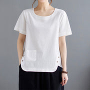 Buddha Stones Summer Plain Button Side Slit Design Women's Cotton Linen Crew Neck T-Shirt Wtih Pocket