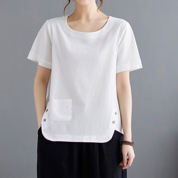 Buddha Stones Summer Plain Button Side Slit Design Women's Cotton Linen Crew Neck T-Shirt Wtih Pocket