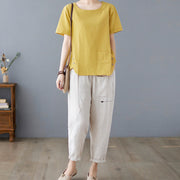Buddha Stones Summer Plain Button Side Slit Design Women's Cotton Linen Crew Neck T-Shirt Wtih Pocket