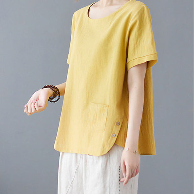 Buddha Stones Summer Plain Button Side Slit Design Women's Cotton Linen Crew Neck T-Shirt Wtih Pocket
