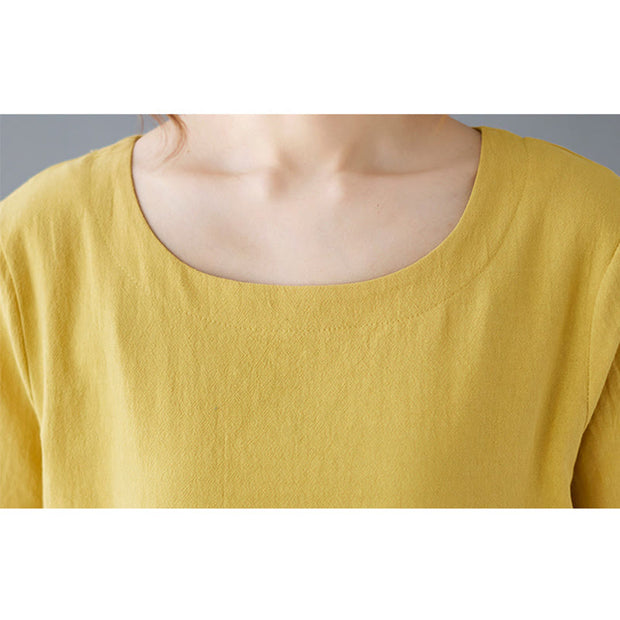 Buddha Stones Summer Plain Button Side Slit Design Women's Cotton Linen Crew Neck T-Shirt Wtih Pocket