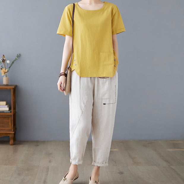 Buddha Stones Summer Plain Button Side Slit Design Women's Cotton Linen Crew Neck T-Shirt Wtih Pocket