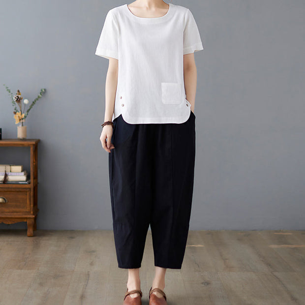 Buddha Stones Summer Plain Button Side Slit Design Women's Cotton Linen Crew Neck T-Shirt Wtih Pocket