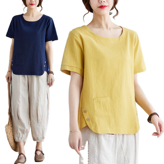 Buddha Stones Summer Plain Button Side Slit Design Women's Cotton Linen Crew Neck T-Shirt Wtih Pocket