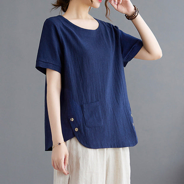 Buddha Stones Summer Plain Button Side Slit Design Women's Cotton Linen Crew Neck T-Shirt Wtih Pocket