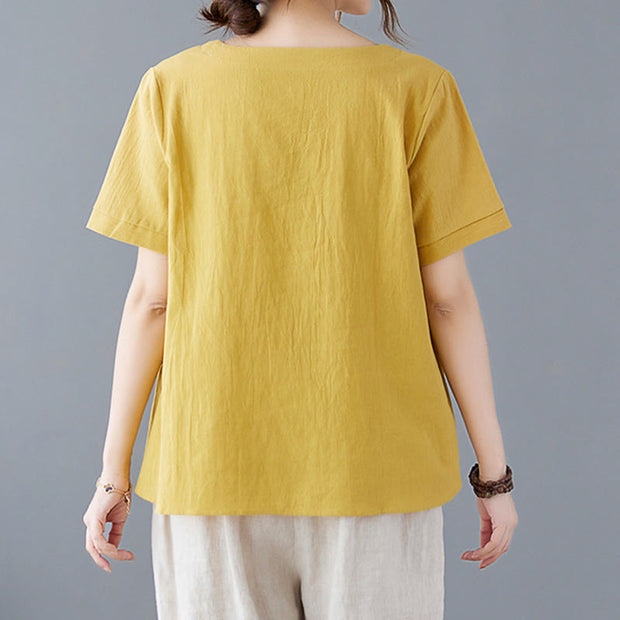 Buddha Stones Summer Plain Button Side Slit Design Women's Cotton Linen Crew Neck T-Shirt Wtih Pocket