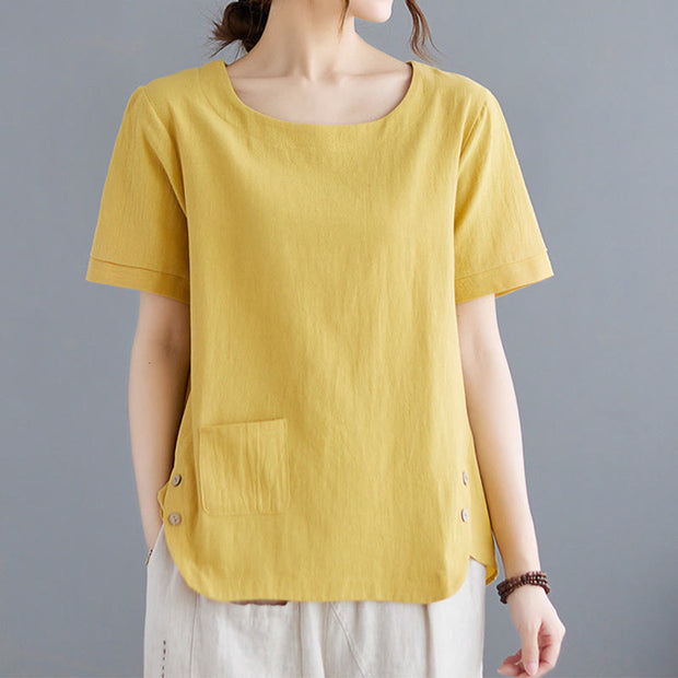 Buddha Stones Summer Plain Button Side Slit Design Women's Cotton Linen Crew Neck T-Shirt Wtih Pocket