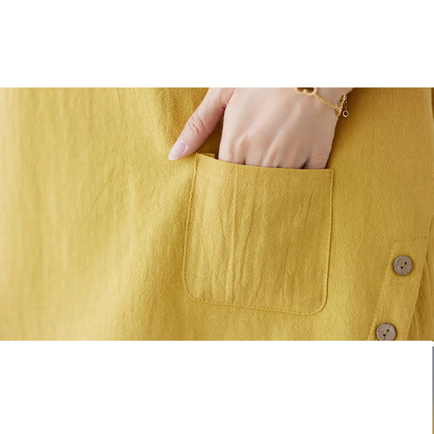 Buddha Stones Summer Plain Button Side Slit Design Women's Cotton Linen Crew Neck T-Shirt Wtih Pocket