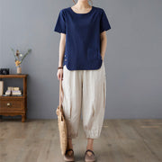 Buddha Stones Summer Plain Button Side Slit Design Women's Cotton Linen Crew Neck T-Shirt Wtih Pocket