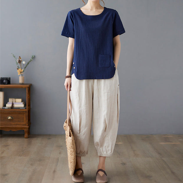 Buddha Stones Summer Plain Button Side Slit Design Women's Cotton Linen Crew Neck T-Shirt Wtih Pocket