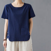 Buddha Stones Summer Plain Button Side Slit Design Women's Cotton Linen Crew Neck T-Shirt Wtih Pocket
