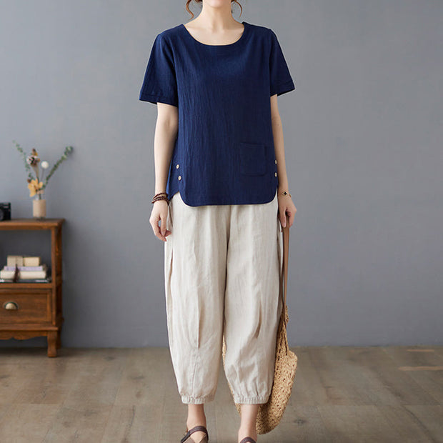 Buddha Stones Summer Plain Button Side Slit Design Women's Cotton Linen Crew Neck T-Shirt Wtih Pocket