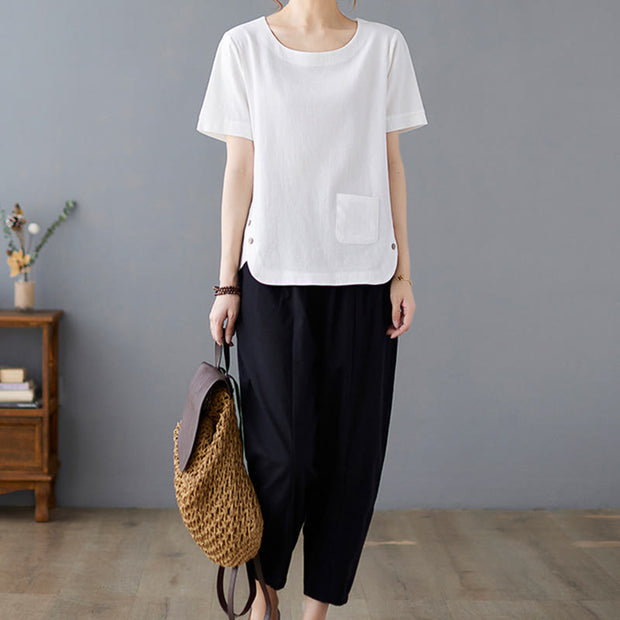 Buddha Stones Summer Plain Button Side Slit Design Women's Cotton Linen Crew Neck T-Shirt Wtih Pocket